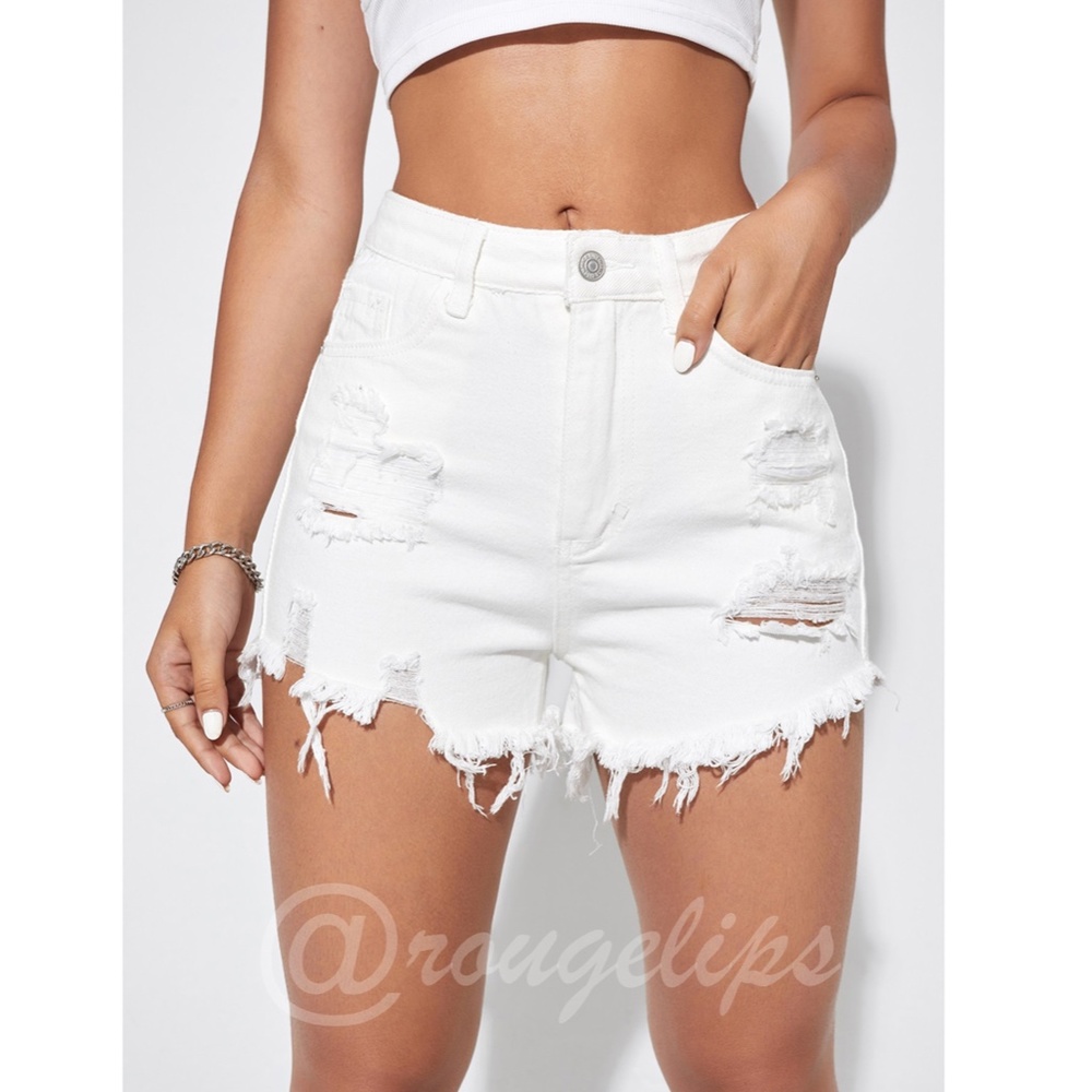 Light Wash Blue Denim Shorts Distressed Ripped High Waist Raw Hem - Picture 15 of 15